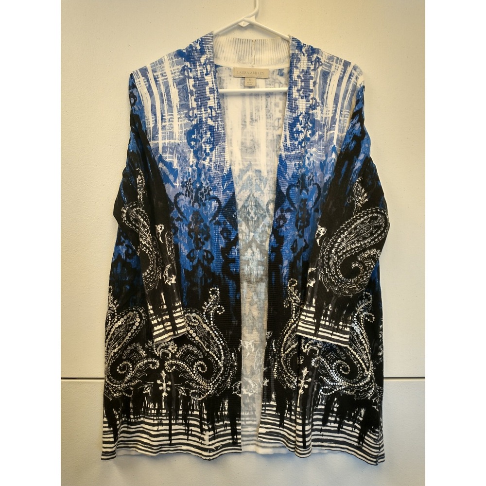 Laura Ashley Sweater Women's Medium Blue Black White Paisley Open Front Ladies